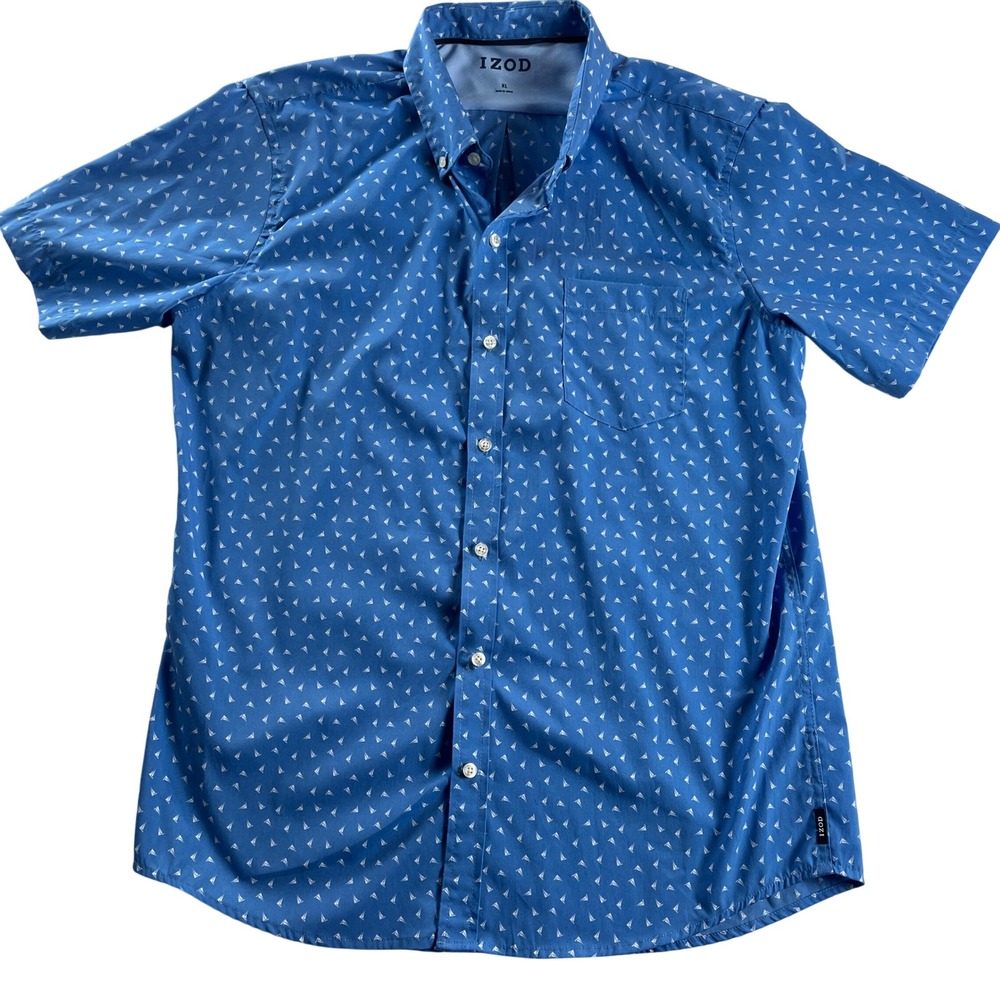 IZOD Button Down Shirt XL Blue Sailboat Print Short Sleeve Casual Coastal